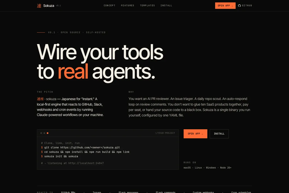 Sokuza landing page showing its local-first agent workflow product